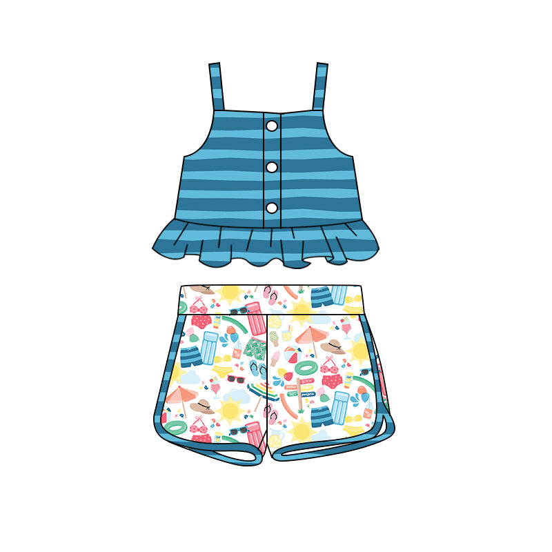 Preorder (moq 5)Baby Girls Blue Straps Top Beach Print Shorts Clothes Sets