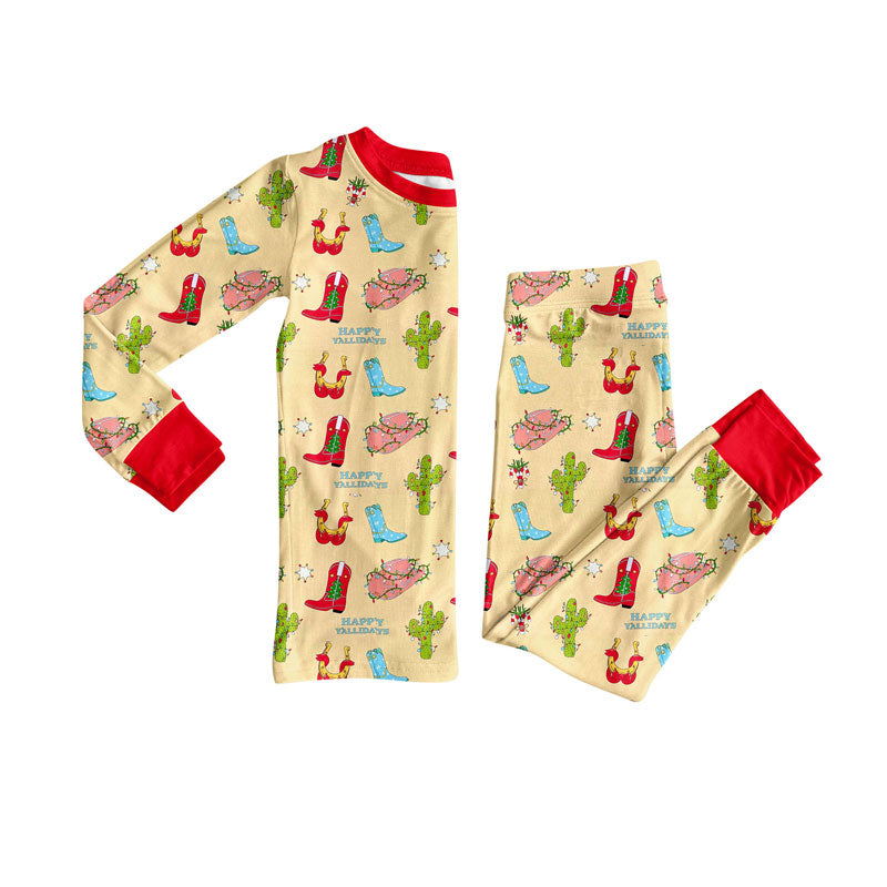 Preorder(moq 8)Baby Girls Lights Cactus Boots Top Pants Christmas Pajamas Sets