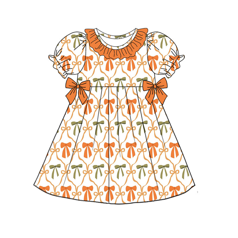 Preorder (moq 5)Baby Girls Orange Short Ruffle Sleeves Colorful Bows Plaid Knee Length Dresses