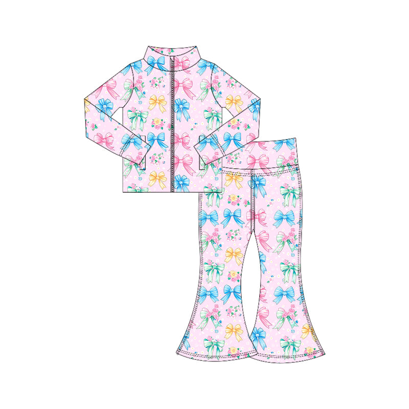 Preorder (moq 5)Baby Girls Pink Blue Bows Flowers Zipper Jacket Top Bell Bottom Pants Set