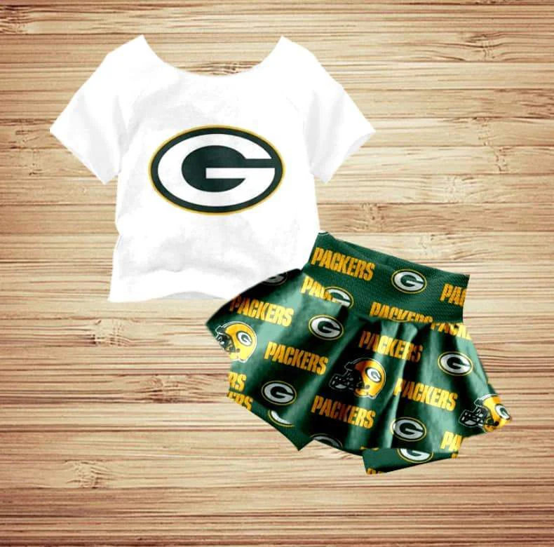 Preorder moq 5 Baby Girls Short Sleeves G Top Packers Plaid Skorts Team Set