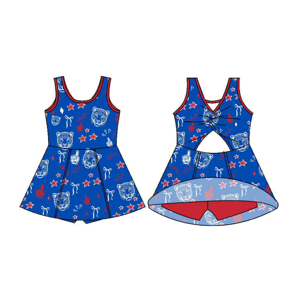 Preorder (moq 5)Baby Girls Sleeveless Blue Leopard Bows Shorts Team Dresses