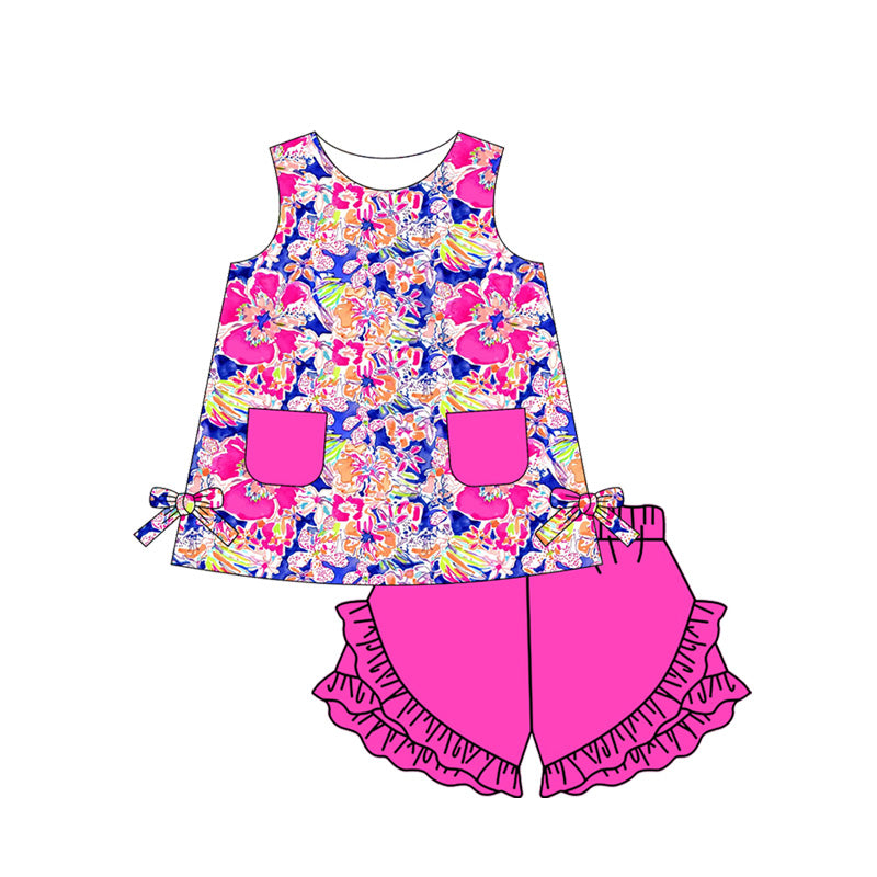 Preorder (moq 5)Baby Girls Blue Dark Pink Flowers Tunic Top Ruffle Shorts Clothes Sets