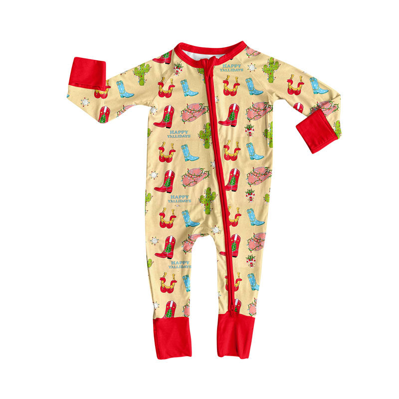 Preorder (moq 8)Baby Boys Long Sleeve Lights Cactus Boots Christmas Zipper Footie Rompers