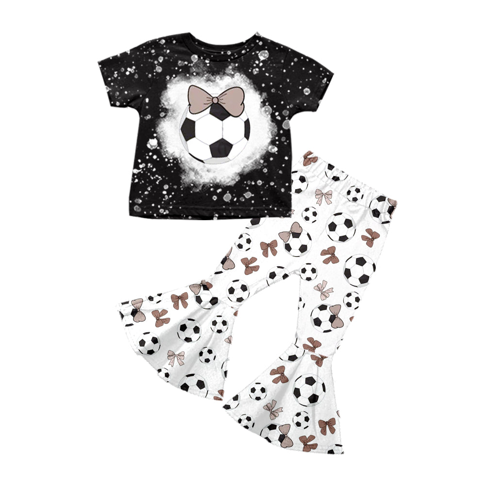 Preorder (moq 5)Baby Girls Black Short Sleeves Football Bows Top White Bell Bottom Pant Set