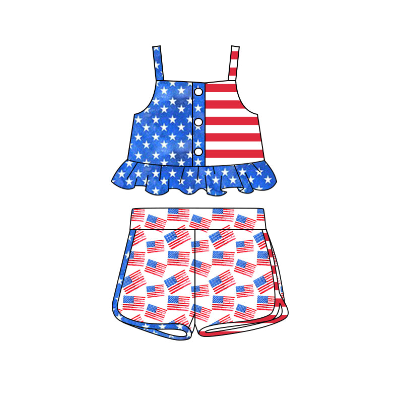 Preorder (moq 5)Baby Girls Stars Straps Top 4th Of July Flags Shorts Clothes Sets