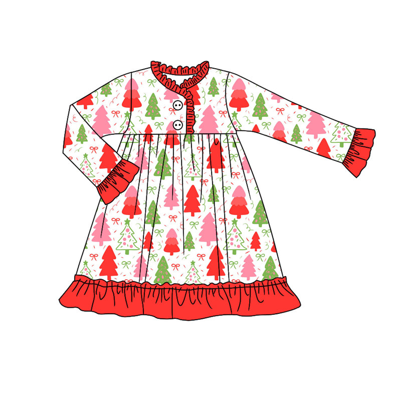 Preorder (moq 5)Baby Girls Green Red Trees Bows Christmas Button Ruffle Knee Length Dresses