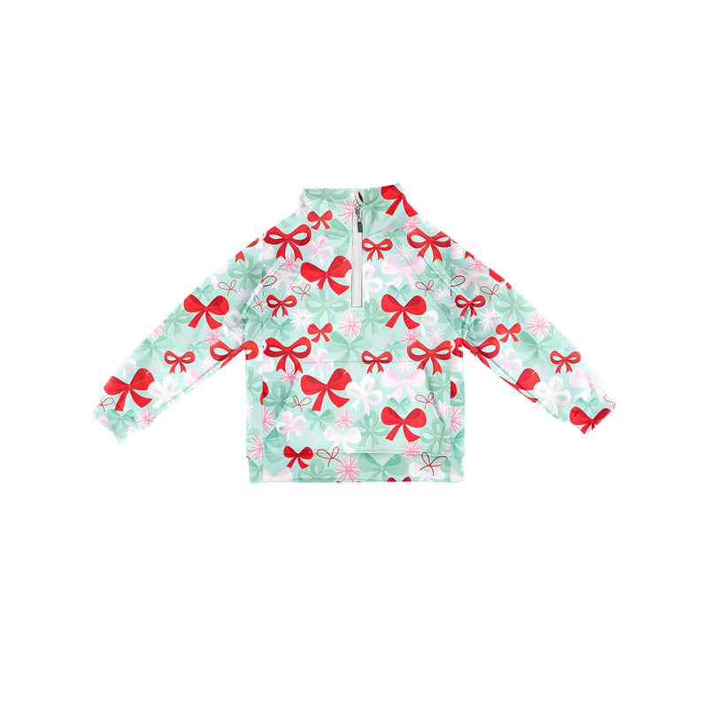 Preorder (moq 5)Baby Girls Long Sleeves Green Red Bows Flowers Pocket Zipper Pullovers Top