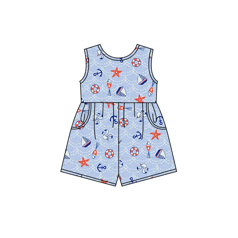 Preorder (moq 5)Baby Girls Sail Boats Shorts Pockets Jumpsuits