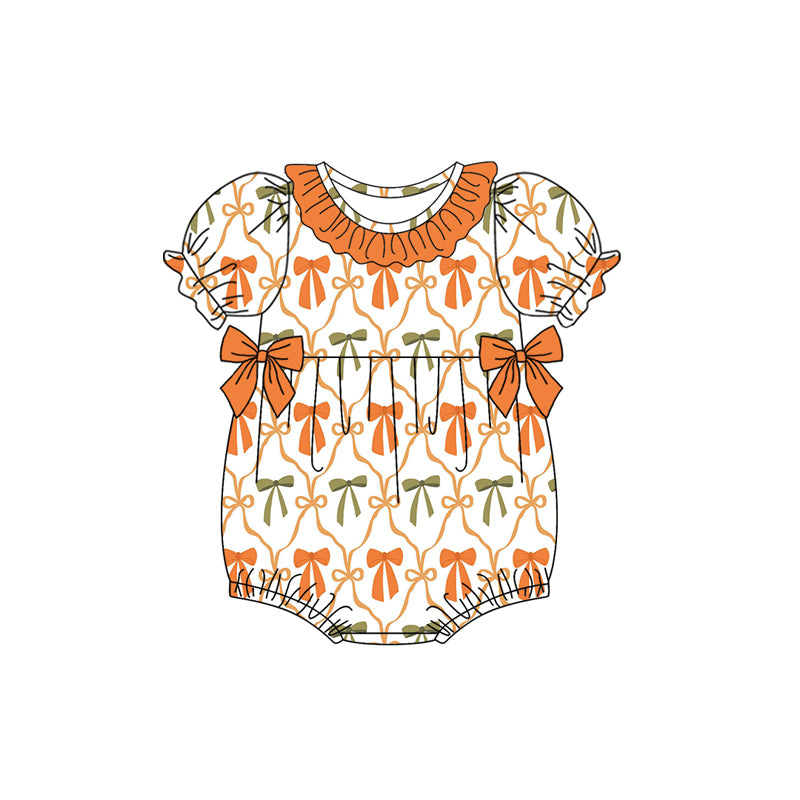 Preorder (moq 5)Baby Girls Orange Short Sleeves Colorful Bows Plaid Ruffle Rompers