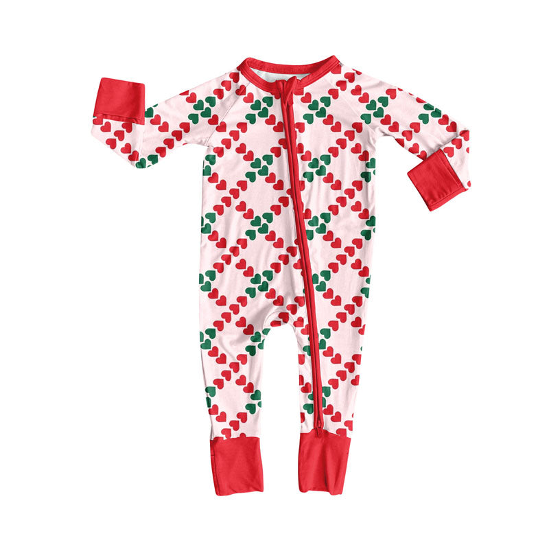 Preorder(moq 8)Baby Girls Red Green Hearts Checked Valentine Zipper Footie Rompers