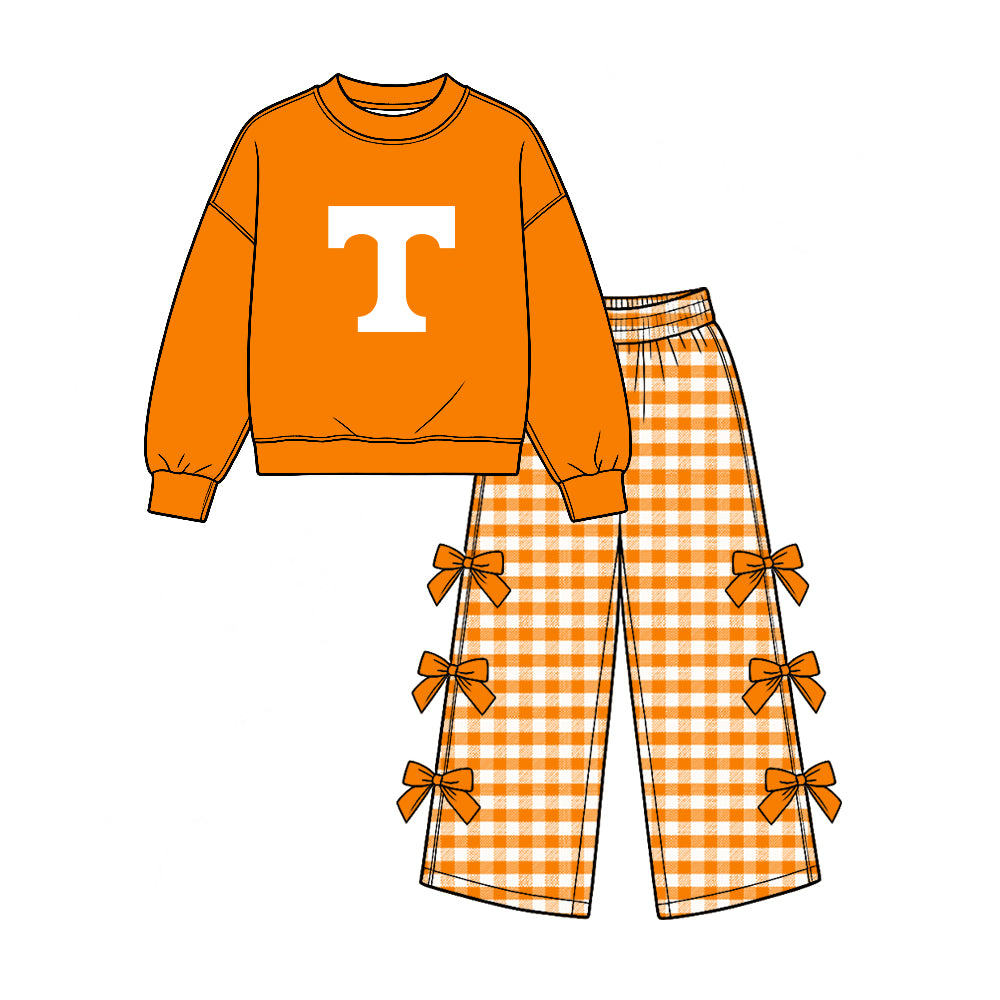 Preorder (moq 5) Baby Girl Clothes Tennessee Volunteers Orange T Logo Graphic Long Sleeve Top Gingham Bow Wide Leg Pant Outfit Set