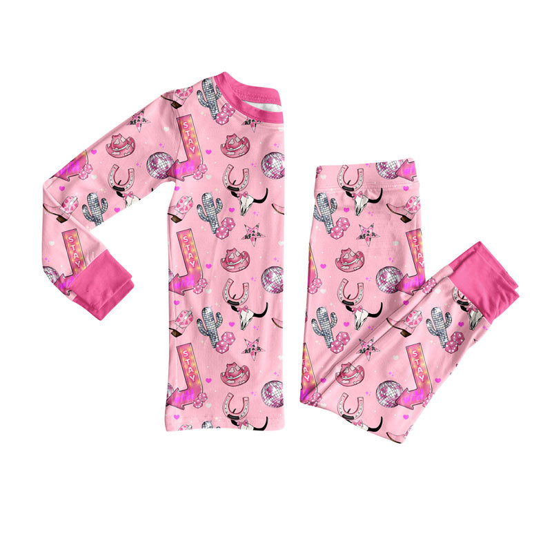 Preorder(moq 5) Baby Girls Pink Hats Bull Skulls Top Pants Western Pajamas Set