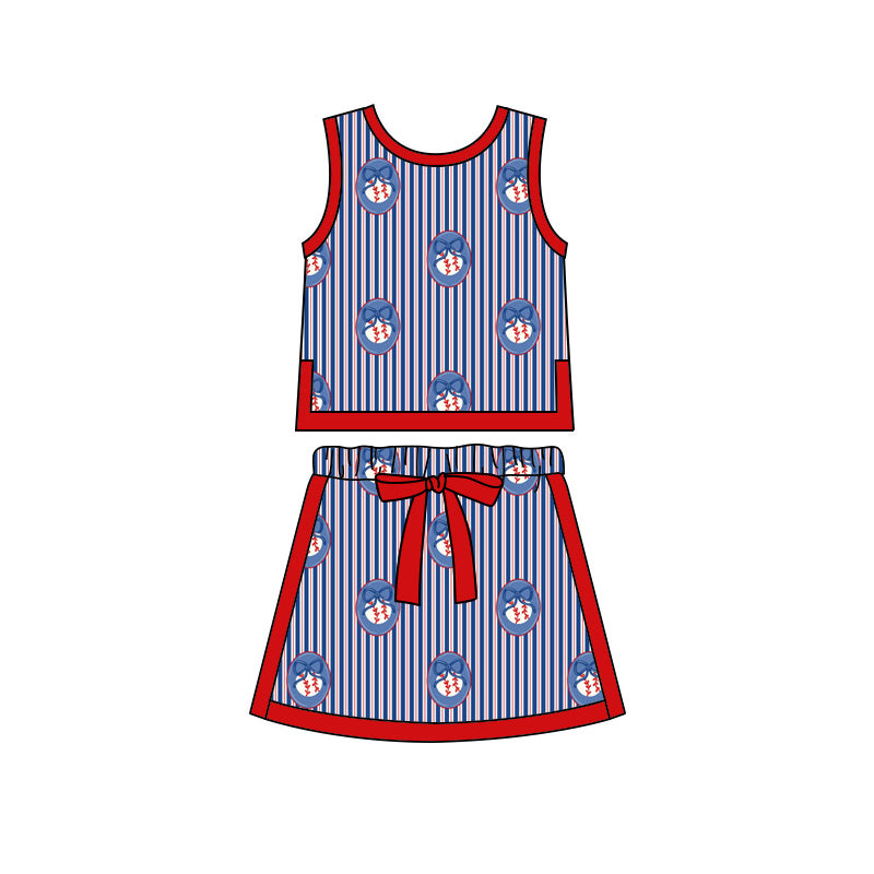 Preorder moq 5 Baby Girls Bows Baseballs Stripe Vests Skirt Shorts Team Clothes Set