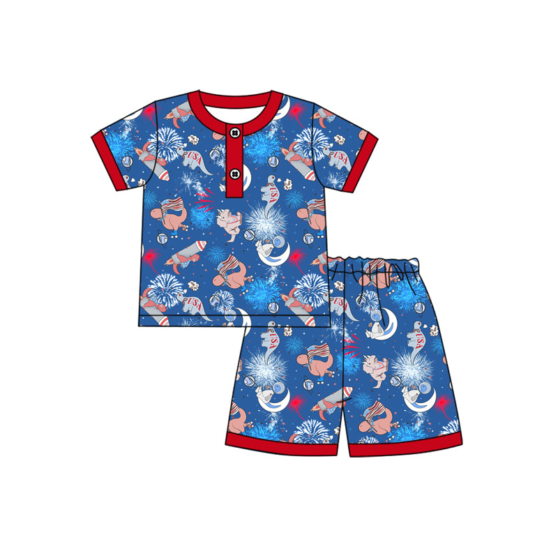Preorder moq 5 Baby Boys Short Sleeves Button Dinosaurs Flags Top Short 4th Of July Pajamas Set