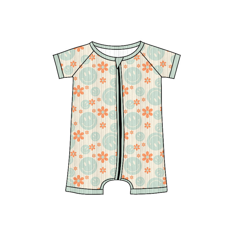 Preorder (moq 5)Baby Girls Short Sleeves Aqua Smiles Flowers Plaid Zipper Shorts Rompers