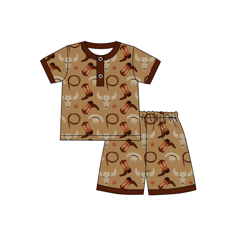 Preorder (moq 5)Baby Boys Western Boots Bull Skull Button Shirt Shorts Pajamas Clothes Sets
