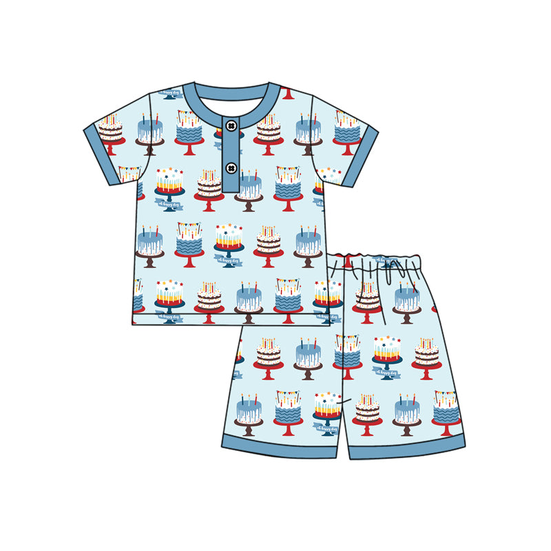 Preorder (moq 5)Baby Boys Blue Short Sleeves Button Birthday Cakes Top Short Pajamas Set Preorder
