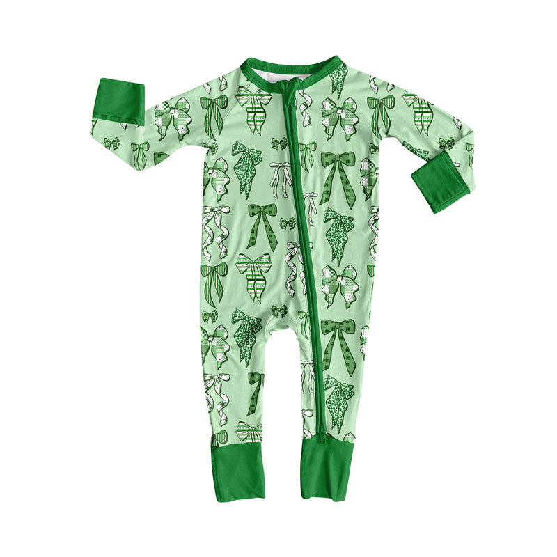 Preorder (moq 5)Baby Girls Green Bows Clovers St Patrick Zipper Footie Rompers