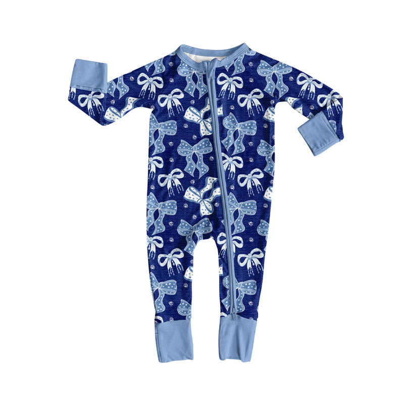 Preorder(moq 8)Baby Girls Blue Polka Dots Bows Zipper Footie Rompers