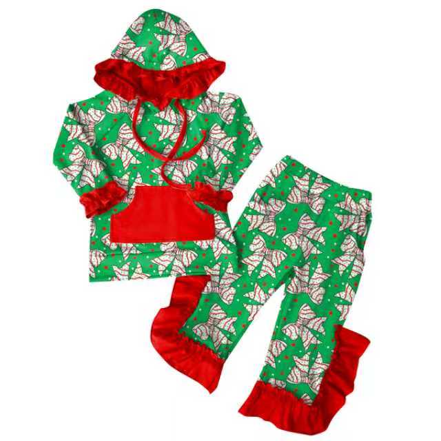 Preorder (moq 5)Baby Girls Trees Bows Stars Pocket Ruffle Hoodie Pants Christmas Clothes Sets