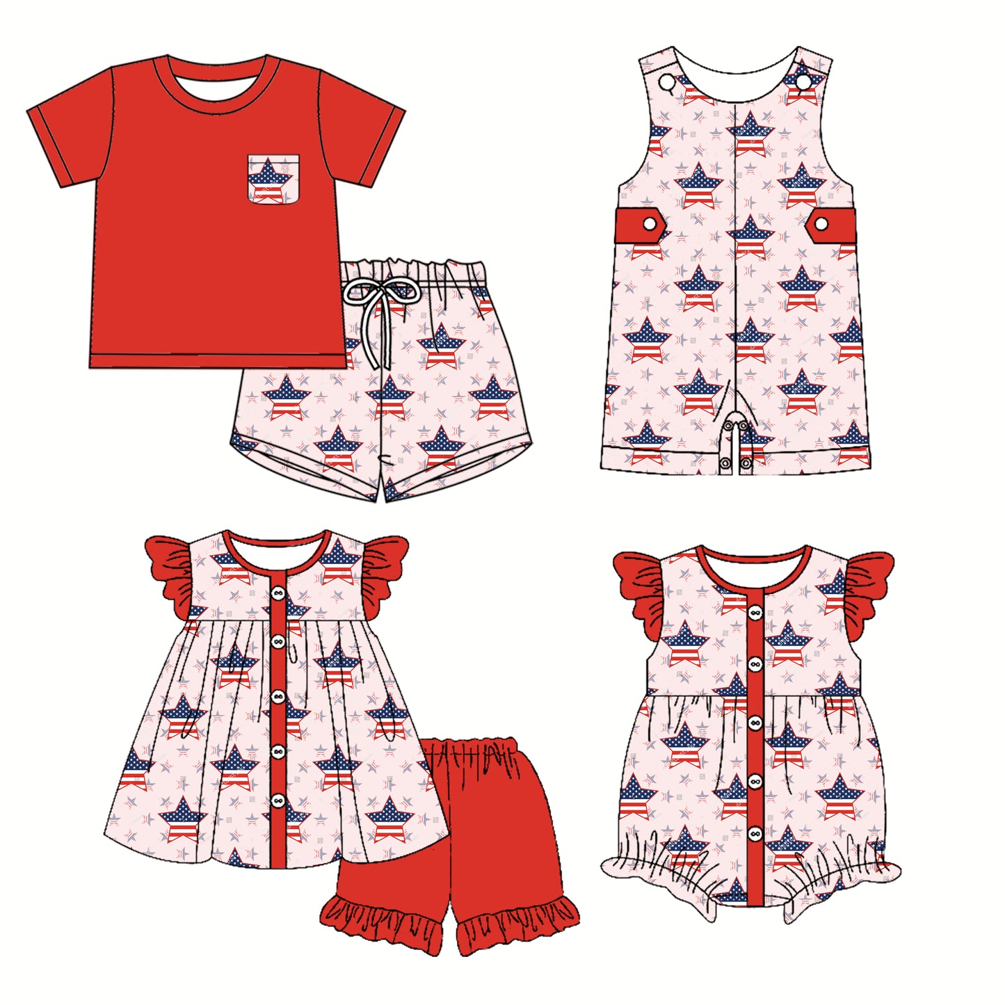 Preorder moq 5 Custom Baby Kids Red Button Pocket Flags Stars Top Short 4th Of July Sets Rompers