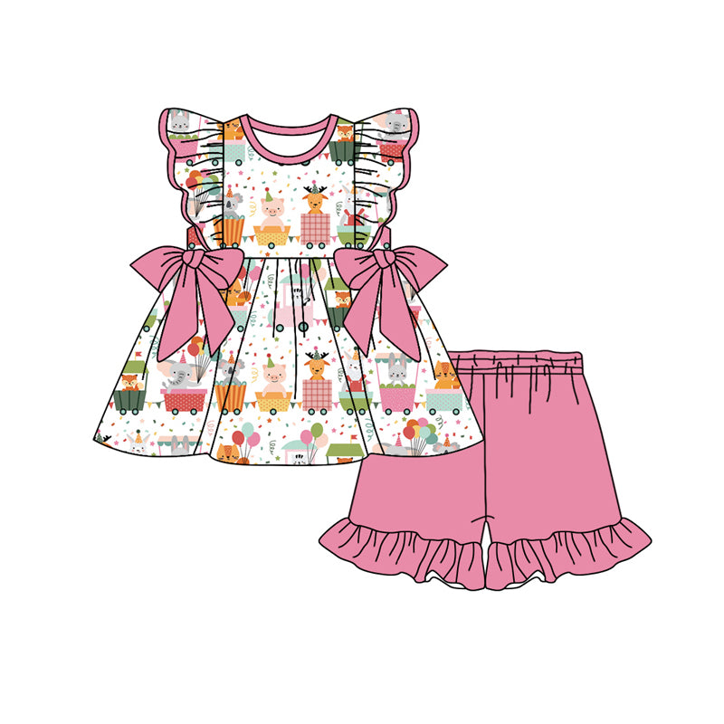 Preorder (moq 5)Baby Girls Pink Birthday Animals Bows Tunic Top Shorts Clothes Sets
