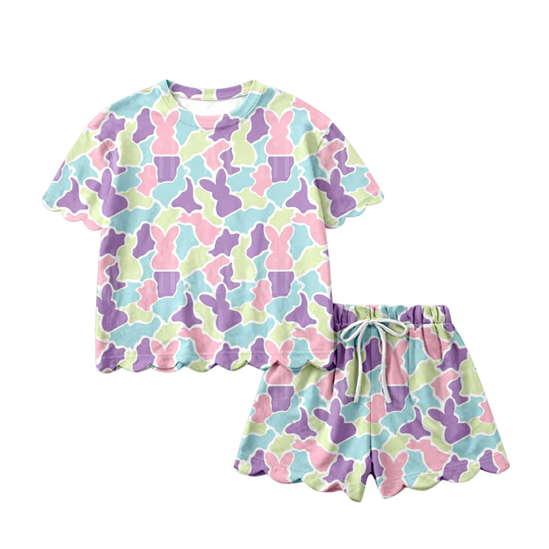 Preorder (moq 5)Baby Girls Colorful Rabbits Camo Top Scallop Shorts Easter Clothes Sets