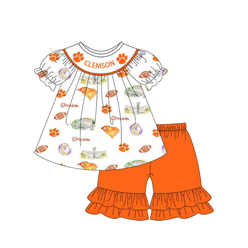 Preorder (moq 5)Baby Girls Clemson Team Tunic Top Ruffle Shorts Clothes Sets