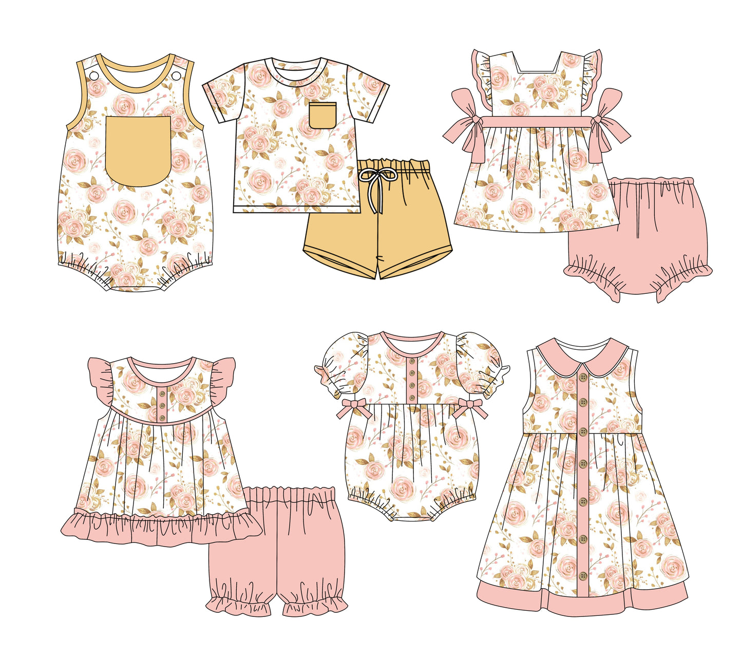 Preorder moq 5 Custom Baby Kids Pink Pocket Button Floral Print Top Short Bummies Sets Dresses And Rompers