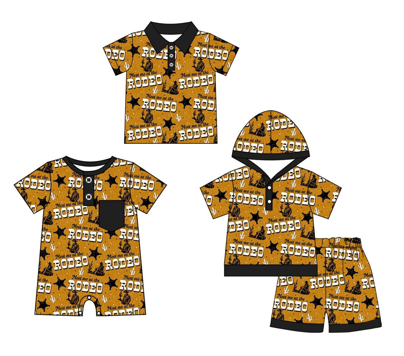 Preorder moq 5 Custom Baby Boys Khaki Short Sleeves Button Stars Horse Rodeos Hoodies Short Set Polo Shirts And Rompers