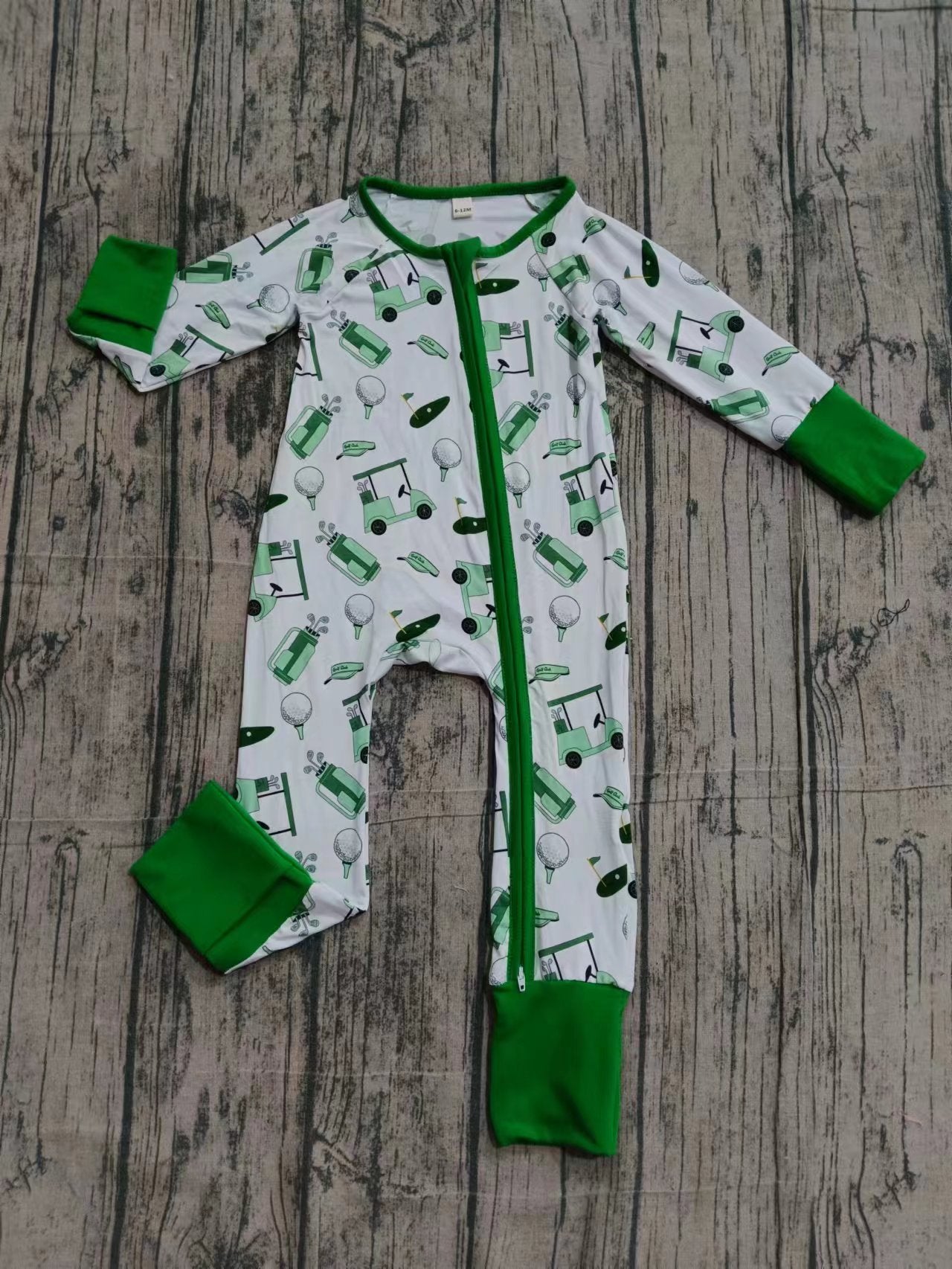 Preorder (moq 20)Baby Boys Green Golf Bamboo Two Way Zip Convertible Rompers