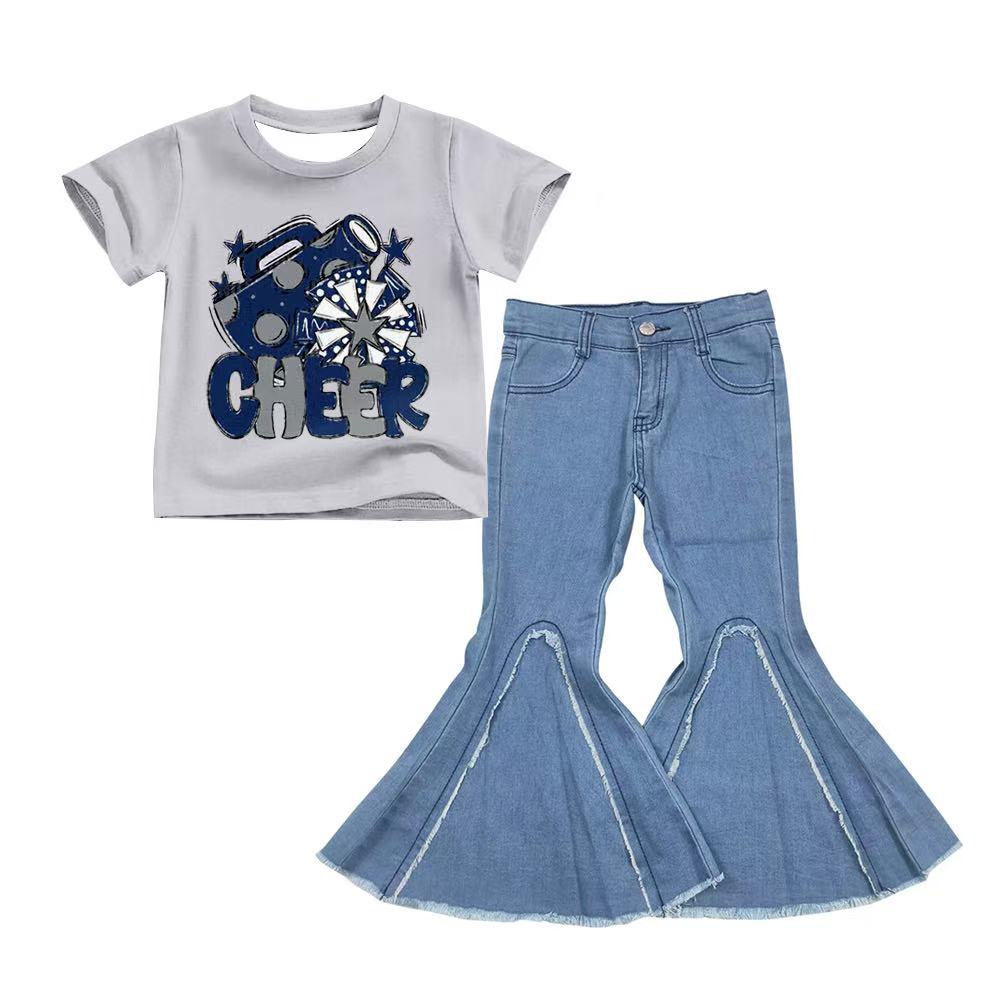 preorder(moq 5) Baby Girls Blue Cheer Tee Shirts Tops denim Bell pants sets