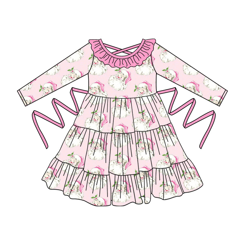 Preorder moq 5 Baby Girls Pink Long Sleeves Santa With Belt Ruffle Knee Length Dresses