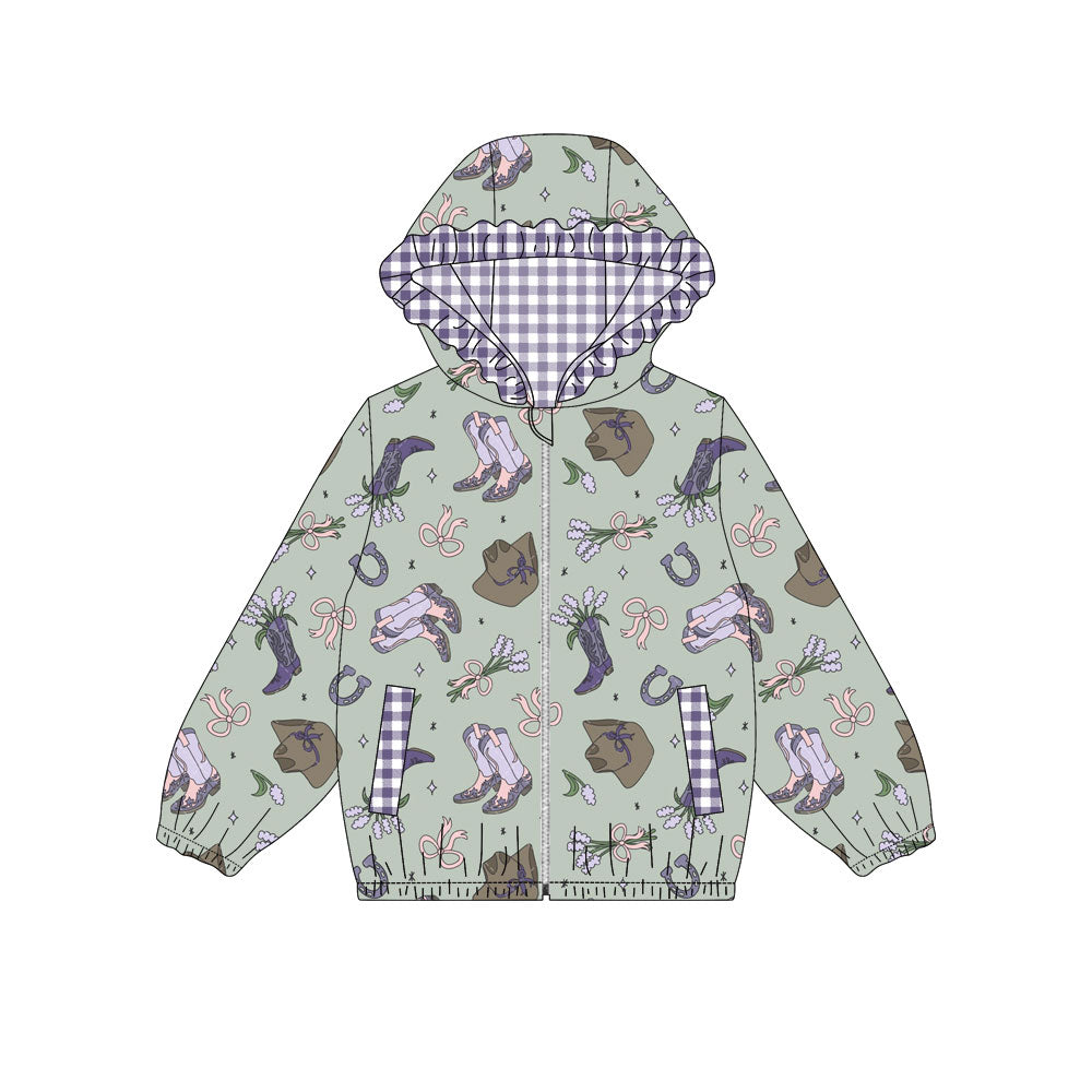 Preorder (moq 5)Baby Girls Purple Boots Hats Flowers Pockets Zipper Ruffle Hoodies Jackets Top
