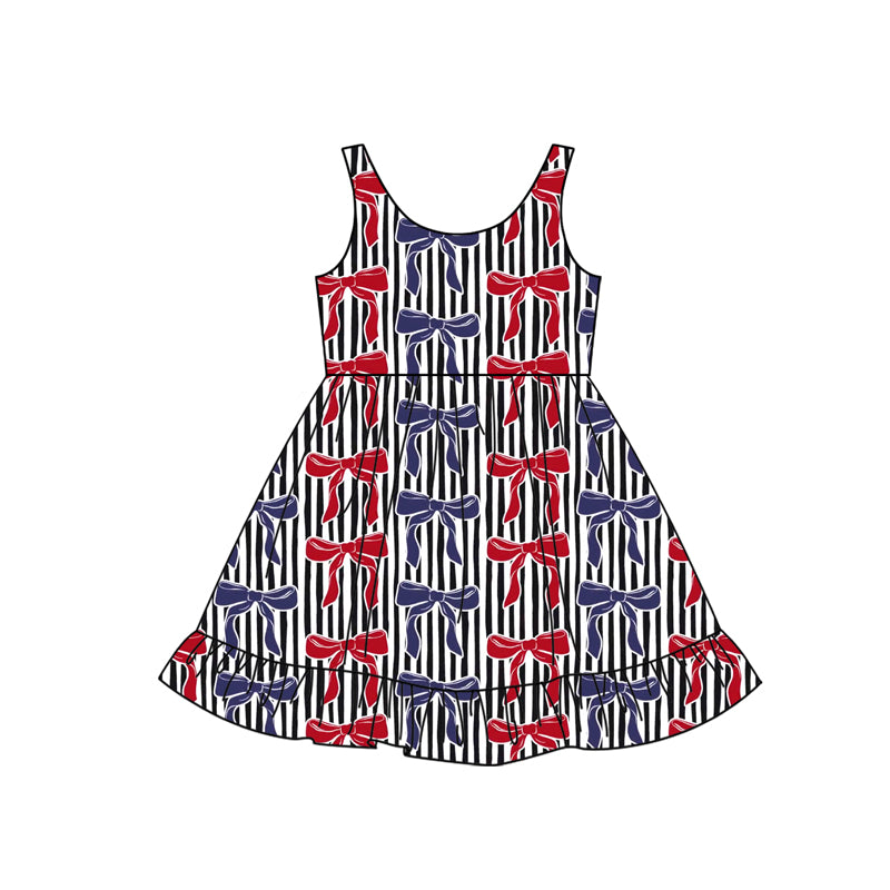 Preorder moq 5 Baby Girls Sleeveless Blue Red Bows Strap 4th Of July Knee Length Dress