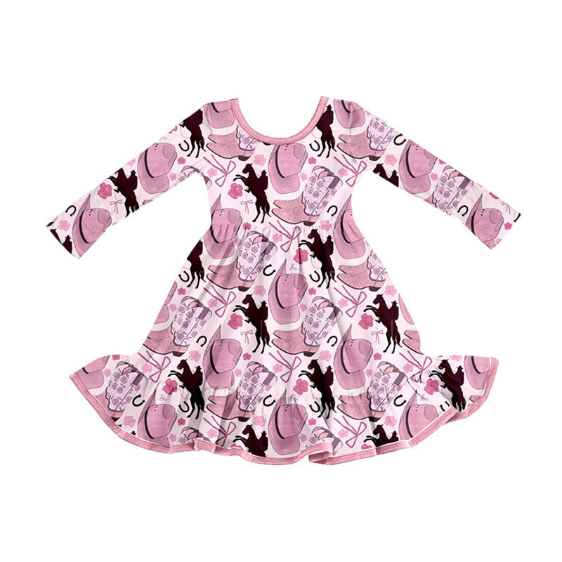 Preorder (moq 5)Baby Girls Hats Horse Rodeos Western Ruffle Knee Length Dresses