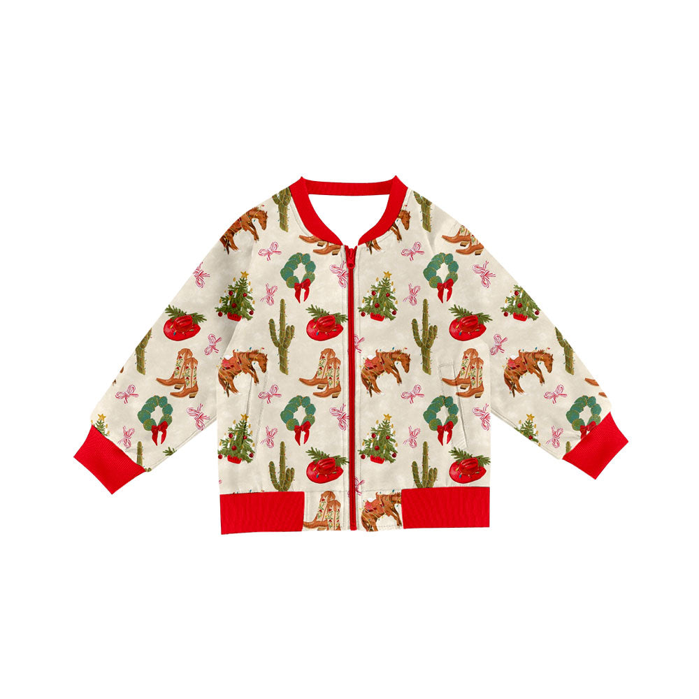 Preorder(moq 8)Baby Girls Holly Trees Horse Hats Christmas Pockets Zip Jackets Top