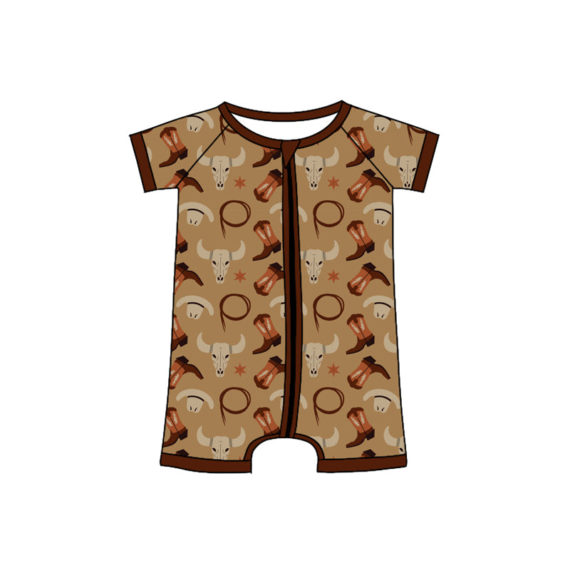 Preorder(moq 5)Baby Infant Boys Brown Bull Skull Boots Zip Summer Rompers