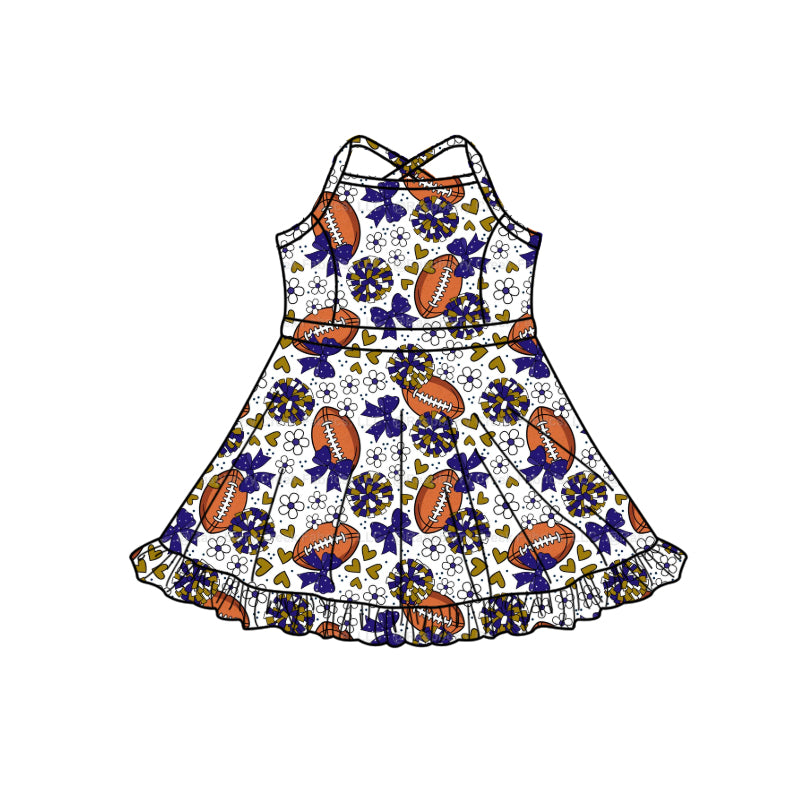 Preorder (moq 5)Baby Girls Strap Hot Blue Bow Footballs Team Shorts Ruffle Knee Length Dress