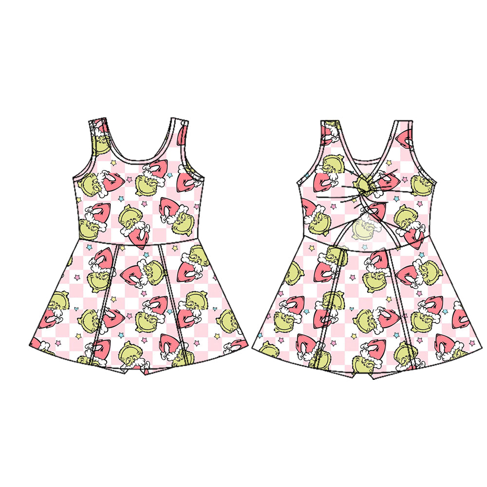 Preorder (moq 5)Baby Girls Sleeveless Green Faces Plaid Shorts Knee Length Dresses