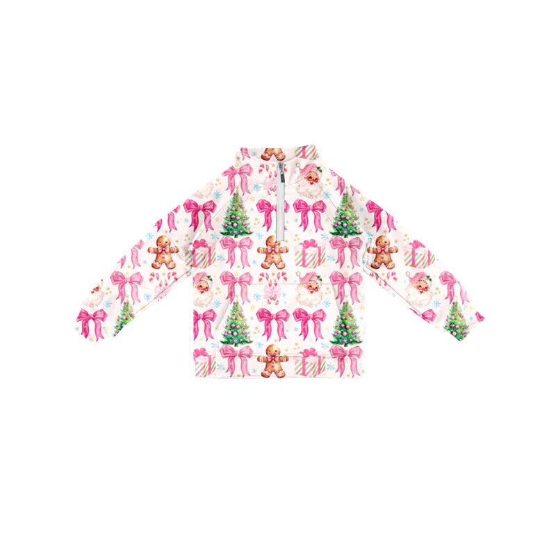 Preorder (moq 5)Baby Girls Long Sleeves Pink Bows Santa Trees Pocket Zipper Pullovers Top