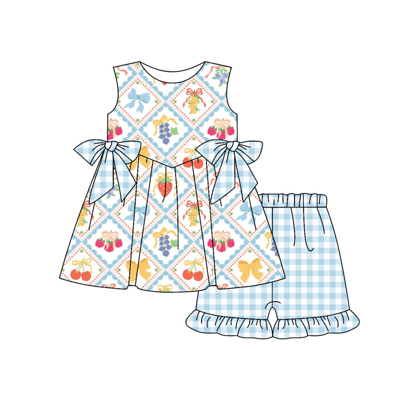 Preorder (moq 5)Baby Girls Blue Sleeveless Bows Strawberry Plaid Tunic Ruffle Shorts Set