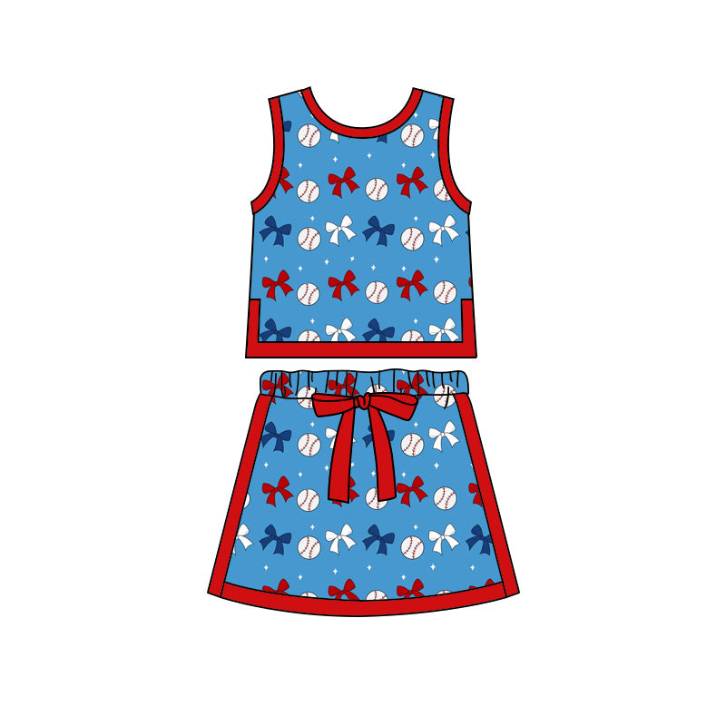 Preorder moq 5 Baby Girls Bows Baseballs Plaid Vests Skirt Shorts Team Clothes Set