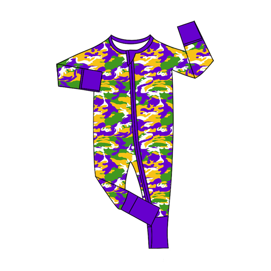 Preorder (moq 5) Baby Boy Clothes Mardi Gras Purple Green Gold Camo Print Long Sleeve Zipper Romper