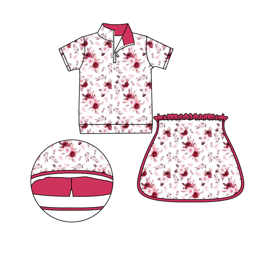 Preorder (moq 5)Baby Girls Red Flowers Zip Pullovers Top Skort Shorts Clothes Sets