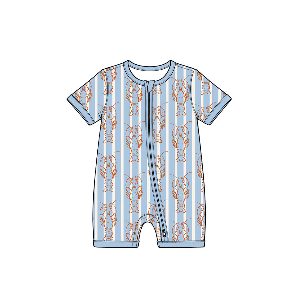 Preorder (moq 5) Baby Boy Clothes Blue Stripe Lobster Print Short Sleeve Zipper Romper