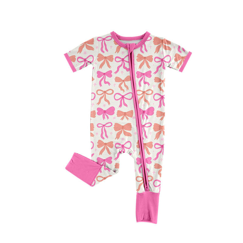 Preorder(moq 8)Baby Girls Orange Pink Bows Stars Zipper Footie Rompers