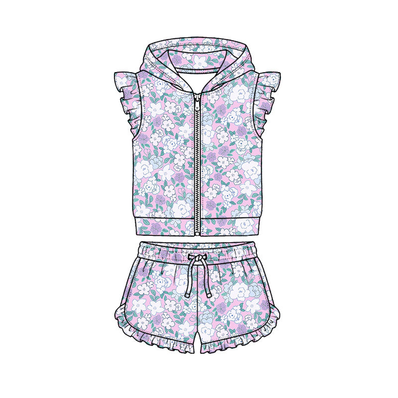 Preorder (moq 5)Baby Girls Colorful Floral Hoodie Zip Jacket Ruffle Short Clothes Sets