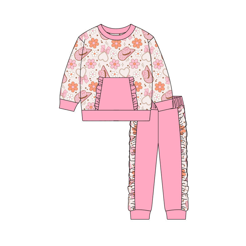 Preorder(moq 5) Baby Girls Pink Flowers Hats Pocket Top Ruffle Pants Western Clothes Sets